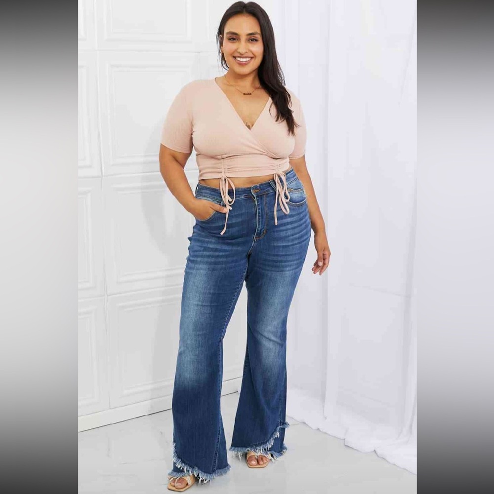 Capella Back To Simple Full Size Ribbed Front Scrunched Top in Blush